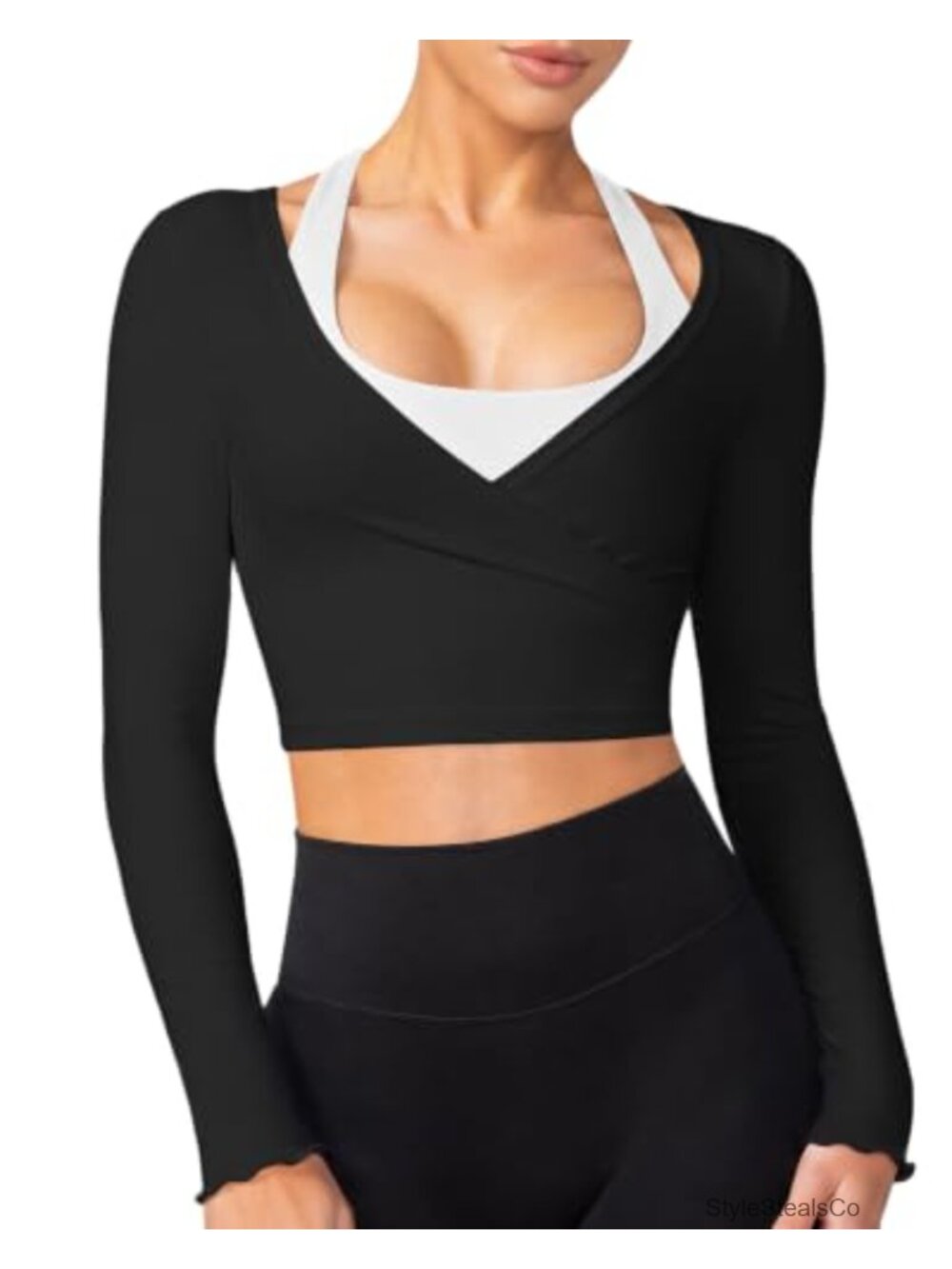 Womens Wrap Top Long Sleeve Pilates Dance Yoga Workout V-Neck